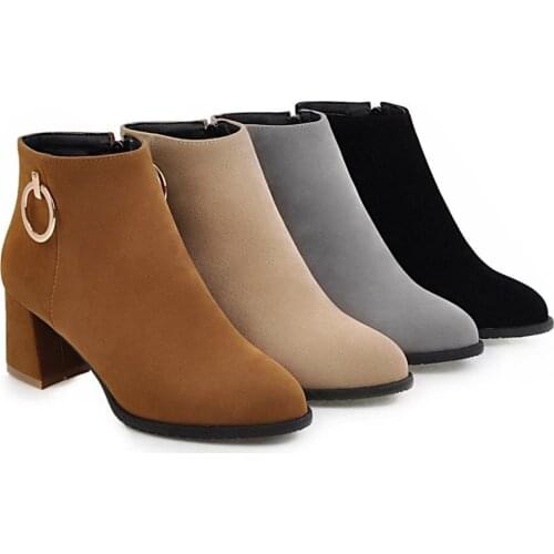 Big size 34-45 high quality 2019 spring & autumn fashion women solid metal ring flock high heel ankle riding boots 4 colors