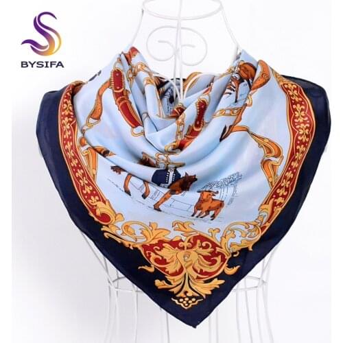 [BYSIFA] Ladies Twill Square Scarves 2017 New Chain Horse Design Fashion 100% Silk Scarf Shawl Spring Autumn Winter Headscarves