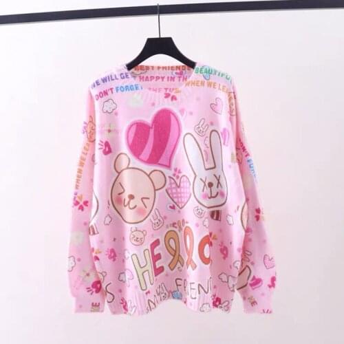 2021 Spring WomenS Sweater Mink Hair Long-Sleeved Korean Cartoon Rabbit Print Pattern Loose Pullover Sweater Casual