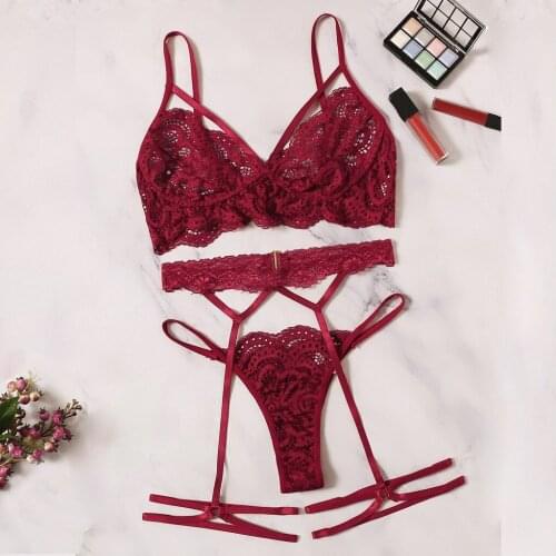 Women Sexy Lingerie Lace bra Pajamas Hollow Thong Garter Sleepwear Set Sexy Flower Underwear Plus Size