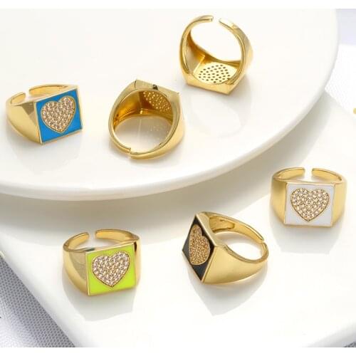 ZHUKOU New Trend square Heart women rings Dripping oil enamel CZ crystal creative geometric opening chunky ring wholesale VJ189