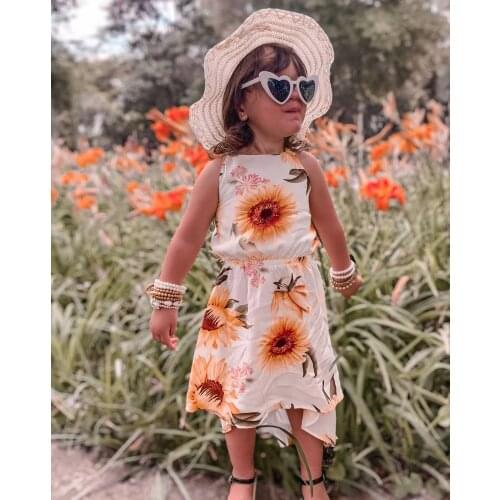 2021 New Kids Summer Sweet Dress Children Girls Sunflower Print Sleeveless Spaghetti Strap Sundress Outfits for1-6 Years