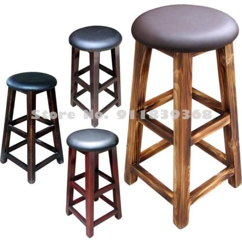 Bar Chair Solid Wood Bar Stool Bar Stool Retro High Stool Round Stool Solid Wood Back Chair High Stool Household Wooden Stool