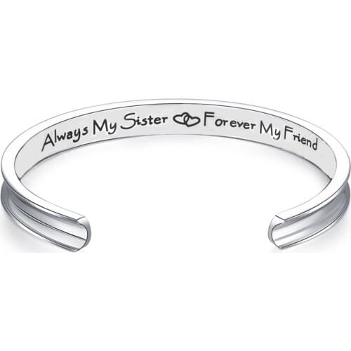 Mesinya Open Sister Bracelets Bangle Always my Sisters 316L Stainless Steel Woman Inspirational Letters Cuff Jewelry 7mm Width