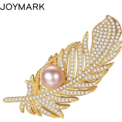 Natural Pearl Gold Color 925 Sterling Silver Zircon Pave Feather Brooch New Arrival Fashionable Jewelry For Office Lady JPPB203