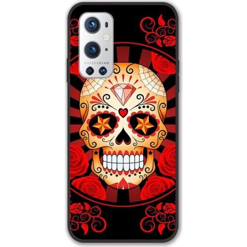 For Oneplus Red Sugar Skull with Roses Black TPU Border Oneplus Case