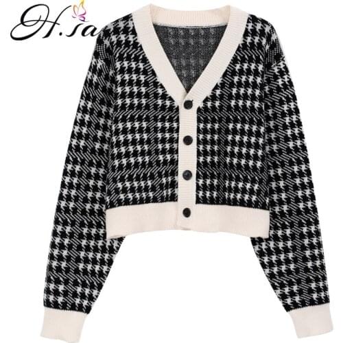 HSA Autumn Winter Women Sweater Caridgans Retro Houndstooth Knitted Cardigan 2021 New Loose V-neck Short Knitwear Sweater