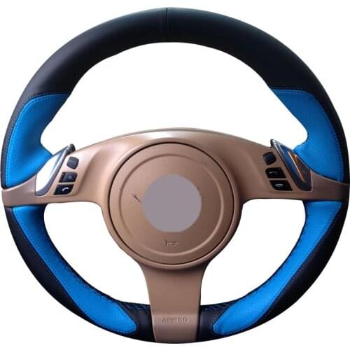 DIY Custom Hand Stitching Black Leather Light Blue Leather Car Steering Wheel Cover for Porsche Cayenne Panamera 2010 2011