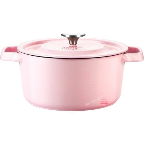 2.5L Pink Cast Iron Casserole with Lid Lovely Enamel Coating Iron Soup Pot Suitable on All Stovetops 22cm