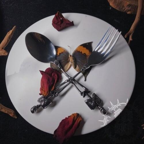Skull Cutlery Stainless Steel Vintage Skeleton Fork Spoon Halloween Tableware Metal Flatware Set Family Party Gift