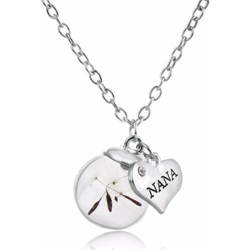 Bespmosp Trendy Crystal Heart NANA Grandma Floating Dried Dandelion Flower Charm Pendant Necklace Family Women Jewelry Wholesale