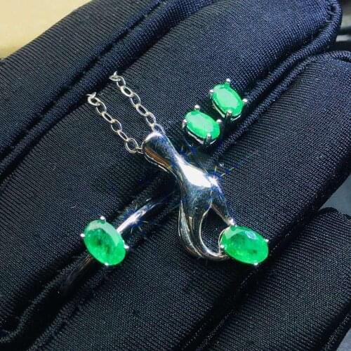 Real Natural Emerald jewelry set Natural Real Emerald 925 sterling silver 1pc pendant,1pc ring,2pcs Earring