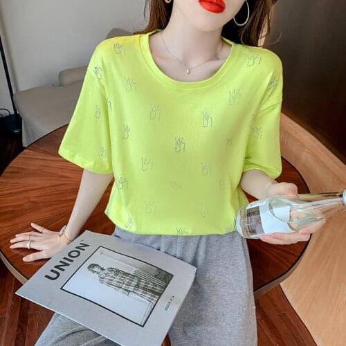 New O-neck Summer Fashion Hot drilling Shirt T Shirt Women Tops Loose Short sleeve Women Tshirt 2021 women fashion tops