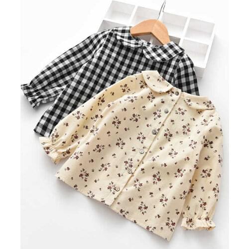 2021 Girls New Korean Plaid Floral Shirt Baby Autumn Lapel Cotton Long-Sleeved Shirt Fashion Blouse