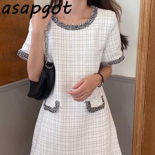 Chic French Small Fragrant Gold Silk Thread Knitted Round Neck Plaid Dress Women Loose Short-sleeved Dress Women Mini Retro OL