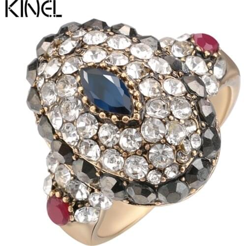 Luxury Crystal Rings For Women Turkey Jewelry Ancient Gold Color Oval Blue Resin Ring Party Gift 2017 New