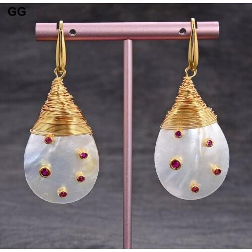 GG Jewelry Teardrop White Shell Mop Trimmed With Red Cz Gold Plated Dangle Hook Earrings