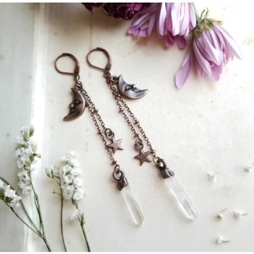 Celestial Moon and Stars Earrings - Clear Quartz-statement Jewelry,moon Earrings, Star Earrings,galaxy GIFT