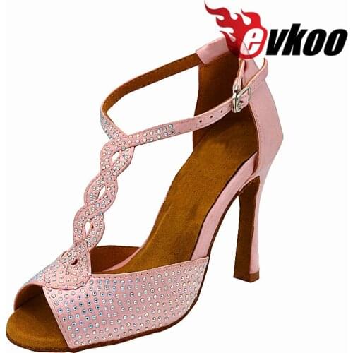Evkoodance Dacning Shoes Satin Latin Salsa High Heel 10cm Comfortable Size US 4-12 Pink And Rhinostone Style Evkoo-465