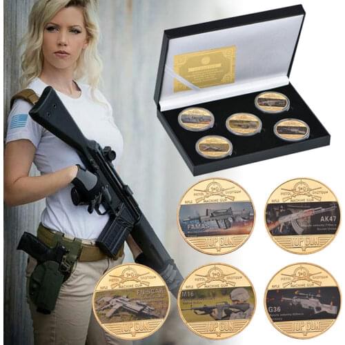 WR New Arrive Gold Plated Cool Machine Gun Ak 47 Scar M16 Famas G36 Coins 5Pcs/set Commemorative Coin For Collection Gifts
