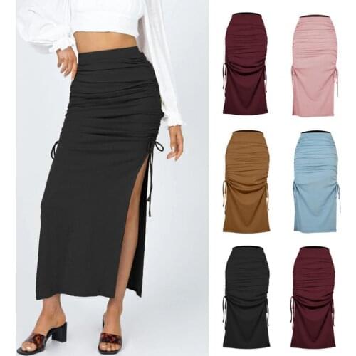 Sexy Women Bodycon Skirt Solid Color Lace-up High Split Summer Female Slims Fit Knitted Midi Skirts Shirring Dating Long Skirt