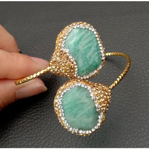 YYGEM Natural Green Amazonite White Cubic Zirconia mirco pave Gold color Bangle Bracelet adjustable