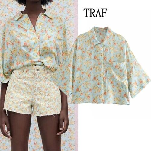 TRAF Women Blouse Top Za 2021 Fashion Print Short Sleeve Women Clothing Casual Shirt Chic Buttons Female Shirts Blusas Chic Tops