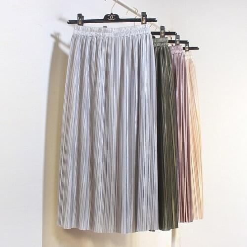 Womens Clothing 2018 Autumn New Metal Shiny Skirt Long Solid Color High Waist Slim Pleated Long Skirt Women