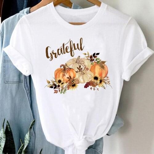 Women Pumpkin Thankful Flower Autumn Fall Halloween Thanksgiving Graphic Clothes Tshirt Top Print T Female Tee T-Shirt