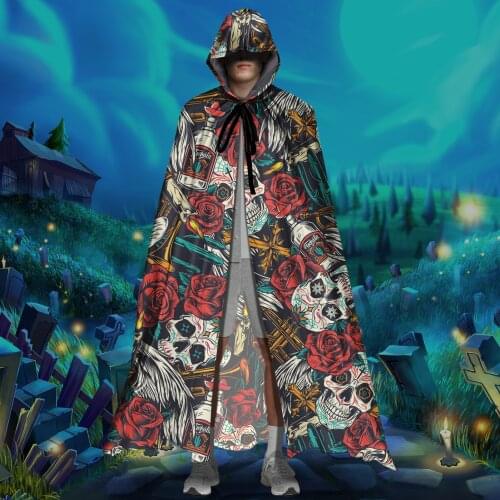 Hot Sale Rose Sugar Skull Pattern Adult Cloak Hooded Halloween Christmas Cloak Vampire Witch Cape Cosplay Costume Dropshipping