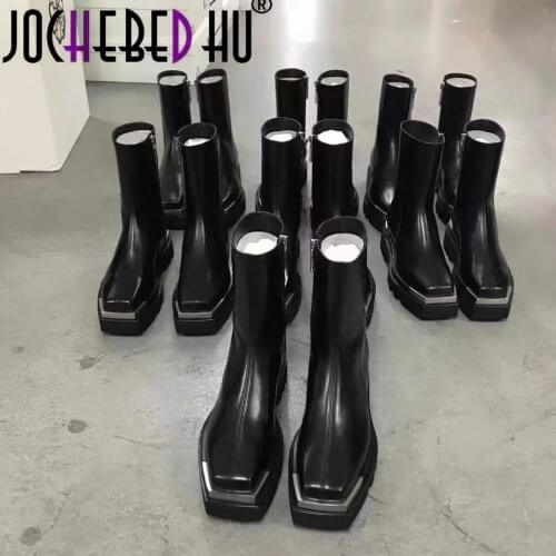 【JOCHEBED HU】Thick Sole Chelsea Boots Women Metal Square Toe Punk Short Boots Leather Winter Platform Shoes Motorcycle Boot33-40