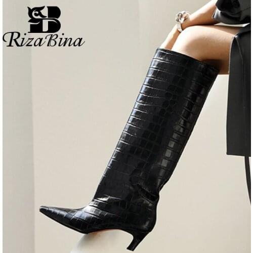 RIZABINA Size 32-43 Women High Heel Boots Stone Pattern Ins Hot Knee High Boots Ladies Strange Heel Winter Shoes Footwear