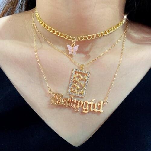 Double Layer Letter Dragon Gold Color Pendant Necklace For Women Acrylic Butterfly Cuban Chain Choker Necklace Statement Jewelry