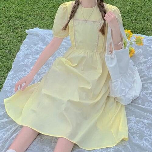 Summer New 2021 Sweet Puff Sleeve Dress Female Loose Vintage O Neck Solid Color Vacation Casual Midi Dresses Women Kawaii Dress