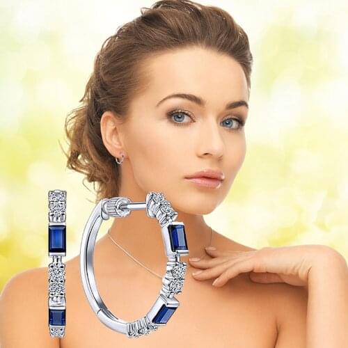 2021 New Luxury Blue Color Round Rectangle Earrings for Women Anniversary Gift Jewelry Wholesale E6482