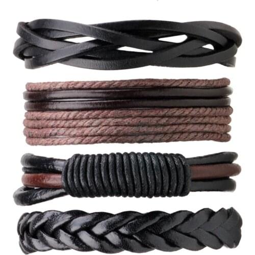 4pcs/lot Vintage PU Leather Handmade Braided DIY Men Black Brown Handmade Casual Bracelets Fashion Stylish Jewelry Accessories