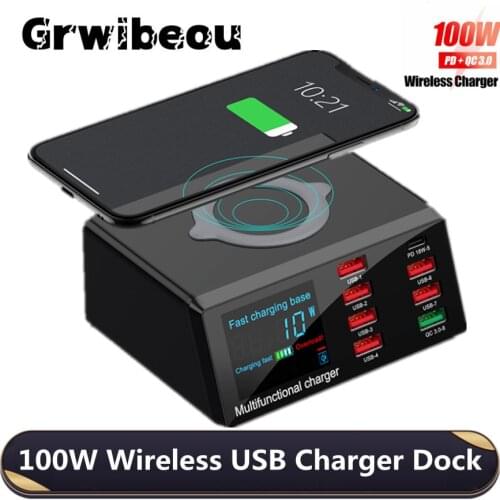 Grwibeou 100W Wireless USB Charger Dock 18W PD QC3.0 Fast Charger Station Smart LED Display 8 Port USB for Samsung Huawei iPhone
