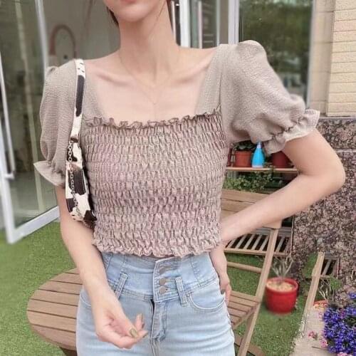 Womens Solid Square Collar Blouses Summer Sexy Slim Expose Navel Short Sleeve Casual Shirt