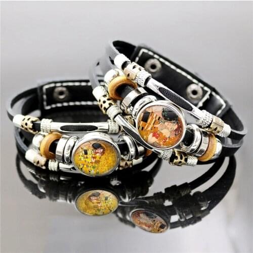 Gustav Klimt The Kiss Glass Snap Button Bracelets for Women Men Klimt Art Jewelry Vintage Punk Style Black Leather Bracelet Gift