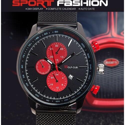 Men Waterproof Quartz Clock Mens Watches ALL Black Casual Mesh Belt Watch Luminous Hour For Male Relogio Masculino USA WOLF-CUB