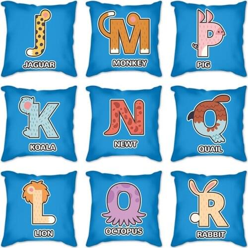 Decorative Cushion Cover Pillow Case Blue Printed Polyester Throw Pillow Home Decor Sofa Pillowcase 26 Animals English letters