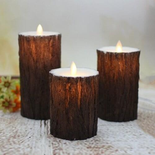 Moving Wick Dancing Flame LED Pine Bark Effect Candle Light Battery Operate Paraffin Wax Wedding Bar Home Party Decoration-Amber