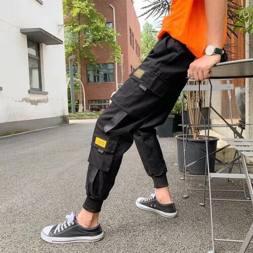 2019 Autumn Hip Hop Joggers Men Loose Black Harem Pants Streetwear Casual Pants Mens Multi-pocket Ribbons Man Sweatpants