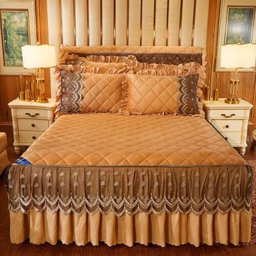 Crystal Velvet Bedspreads on The Bed Lace Thicken Quilted Bed Sheet Lace Bed Skirts Queen Double King Size Home Textiles