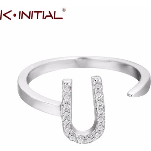 Kinitial Silver Color New Zircon Crystal U Shaped Horseshoe Rings for Men Women Open Ring Hot Sale Fashion Finger Jewelry