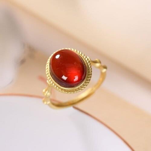 S925 Sterling Silver Inlaid Natural South Red Agate Ring Retro National Style Adjustable Fat Hand Large Open Mouth Ring for Wome