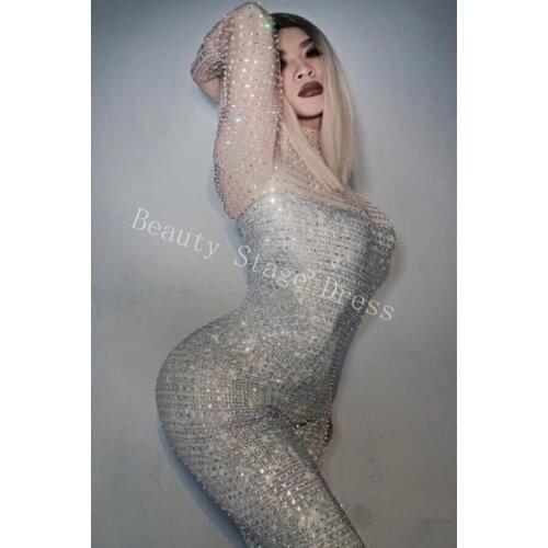 Full Rhinestone Long Sleeves Sparkly Jumpsuit Sexy Stage Outfit Birthday Party Celebrate Women Dance Bodysuit Leggings Outfit