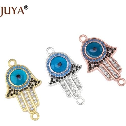 Juya Copper Zircon Charms Connectors Accessories for DIY Men Women Jewelry Making Enamel Blue Evil Eye Hamsa Hand Pendant