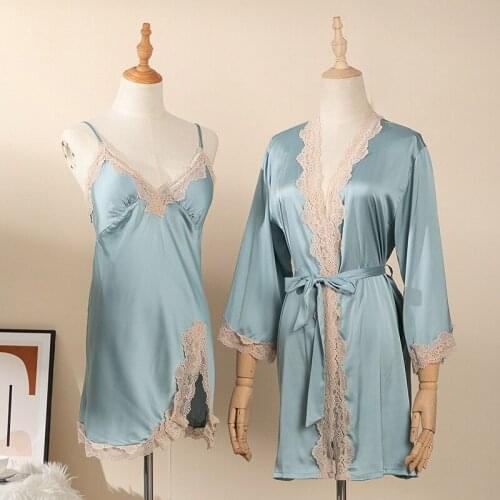 Two Piece Short Women Night Robe Satin with Lace Pyjamas Custom Made Robes Dressing Gown For Femel Sleepwear