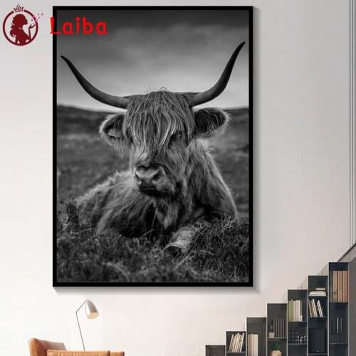 Minimalist Farm Animal diamond Painting Black Highland Cow Wall Art Highland Bull pattern Snow mosaic Pictures for Boys Room